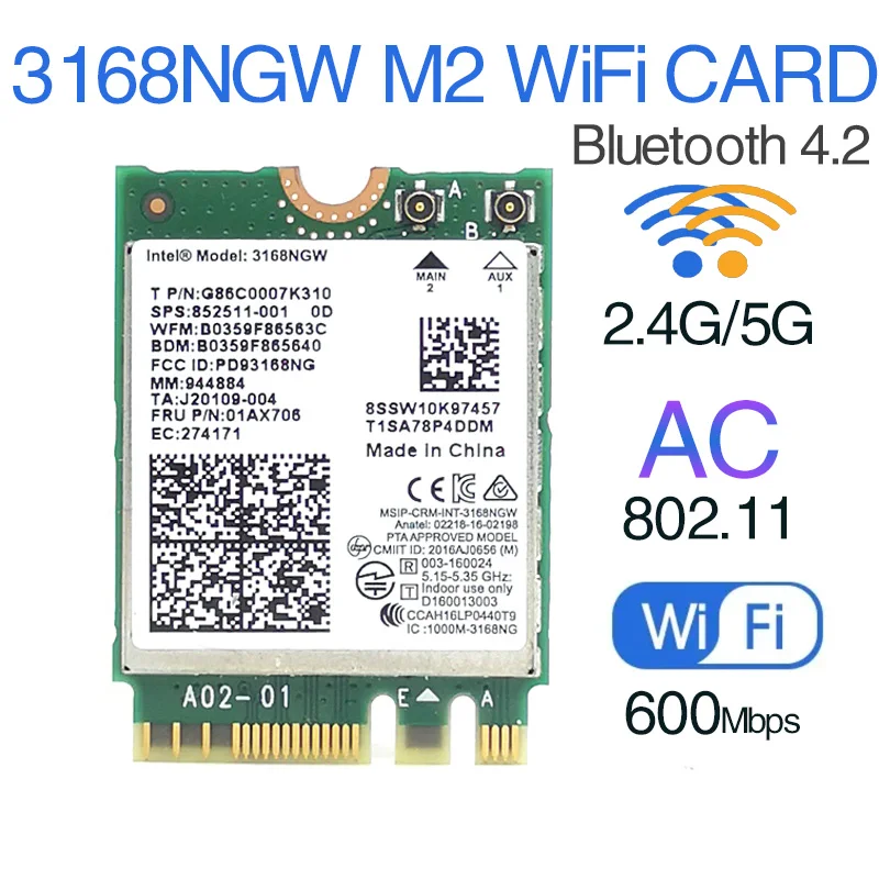 

Used Dual band 600Mbps Wireless Network Wi-fi Card Wifi Receiver for Intel 3168 AC 3168NGW NGFF M.2 802.11ac Bluetooth 4.2