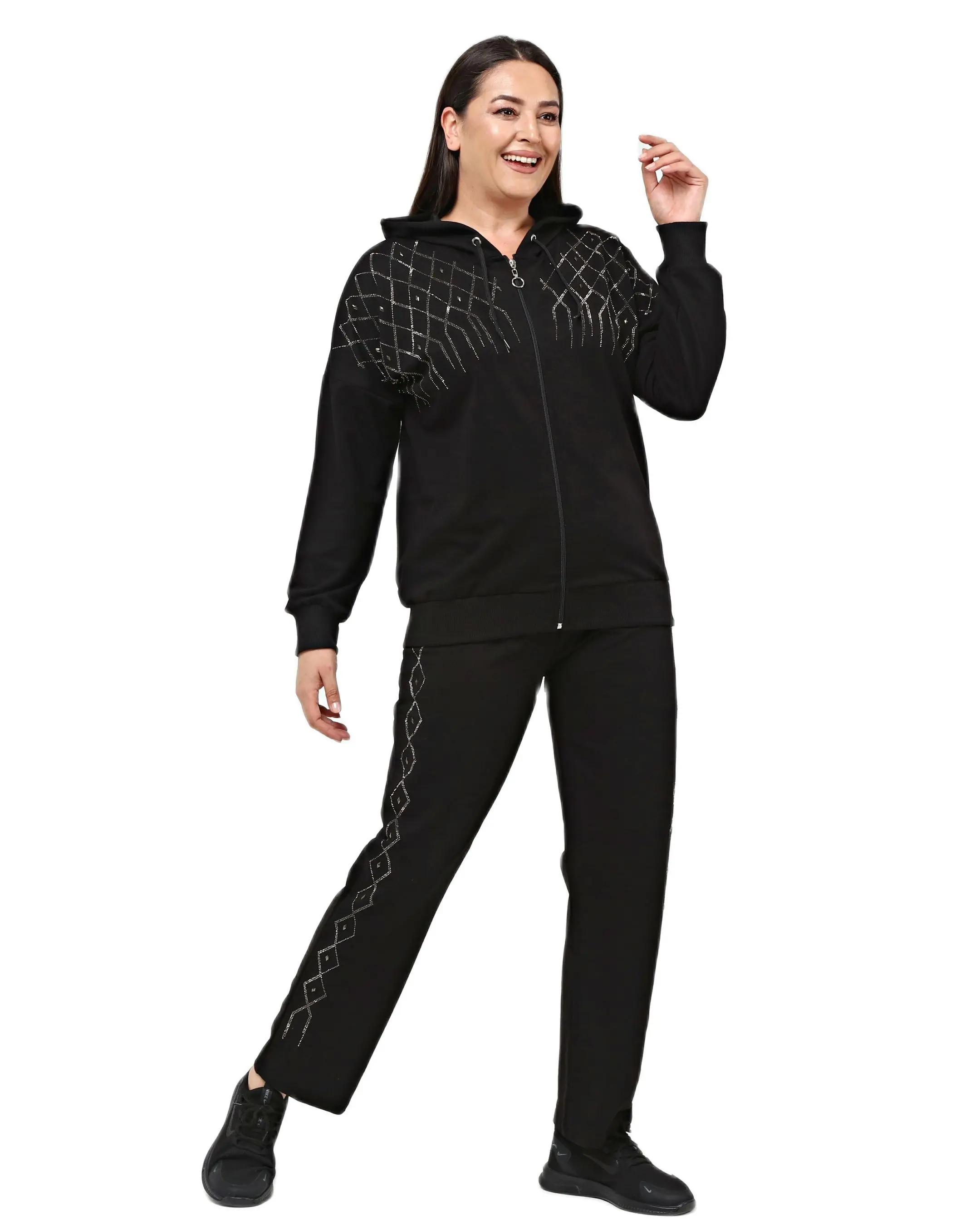 Women’s Plus Size Black Sweatsuit Set 2 Piece Rhombus Stone Print Tracksuit, Designed and Made in Turkey, New Arrival