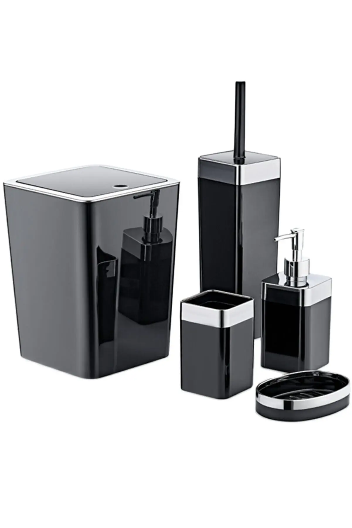 Bathroom Accessory Set Acrylic Metal Plated Black 5 Pcs Toothbrush Holder Liquid And Solid Soap Dispenser Trash Can Toilet Brush