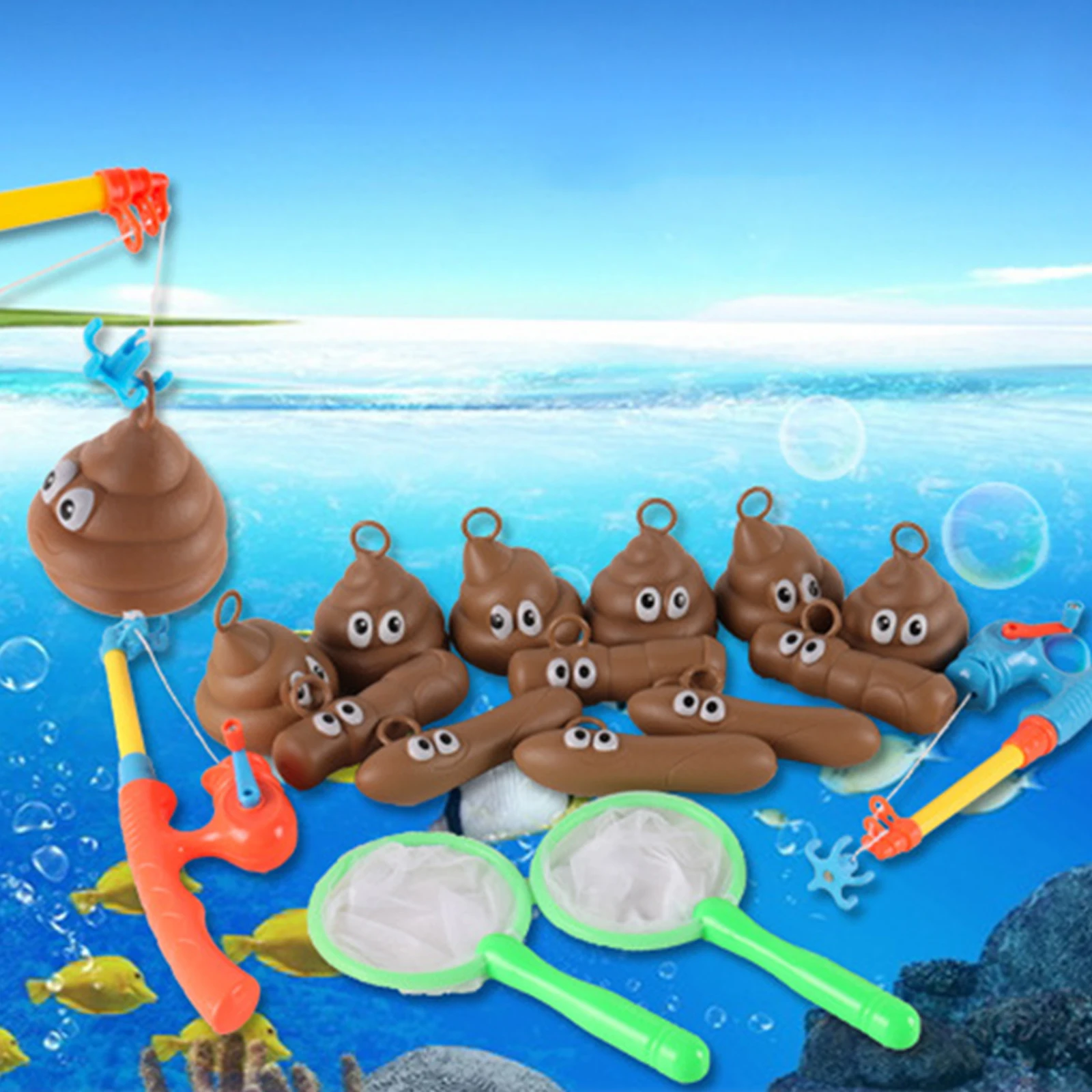 Детский набор для рыбалки в ванной: 1 удочка сетка 6 стульчиков - Весело и