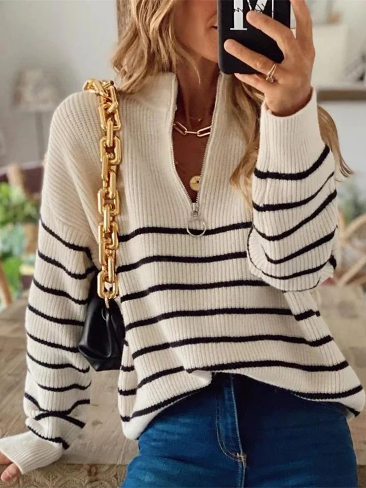 Casual Sweaters Woman Winter 2022 Zipper Striped Long-Sleeve Top Pullover Knitted O-Neck Korean Fashion Christmas Sweater knit