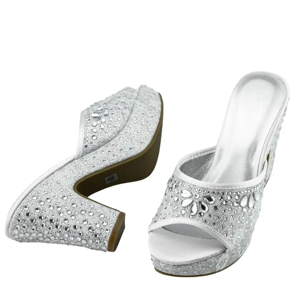 Silver Dressey Summer Shoes Women Wedding Party Footwear Chunky Mules Sandals Platform 3CM Lace Rhinestone High Heels Sandals