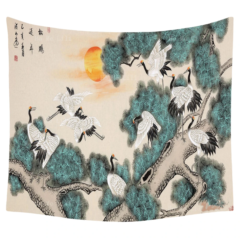 

Longevity Crane Chinese Style Pine Tree Sunrise Ink Wash Painting Theme Tapestry By Ho Me Lili For Livingroom Decor Wall Hanging