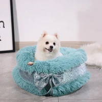luxury warm plush cat beds cute bowknot decoration washable cat house soft round sleeping bed for small dog sleeping pillow