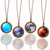 sun moon earth galaxy nebula cosmic pendant necklace round glass ball wooden long chain necklaces for women men party jewelry