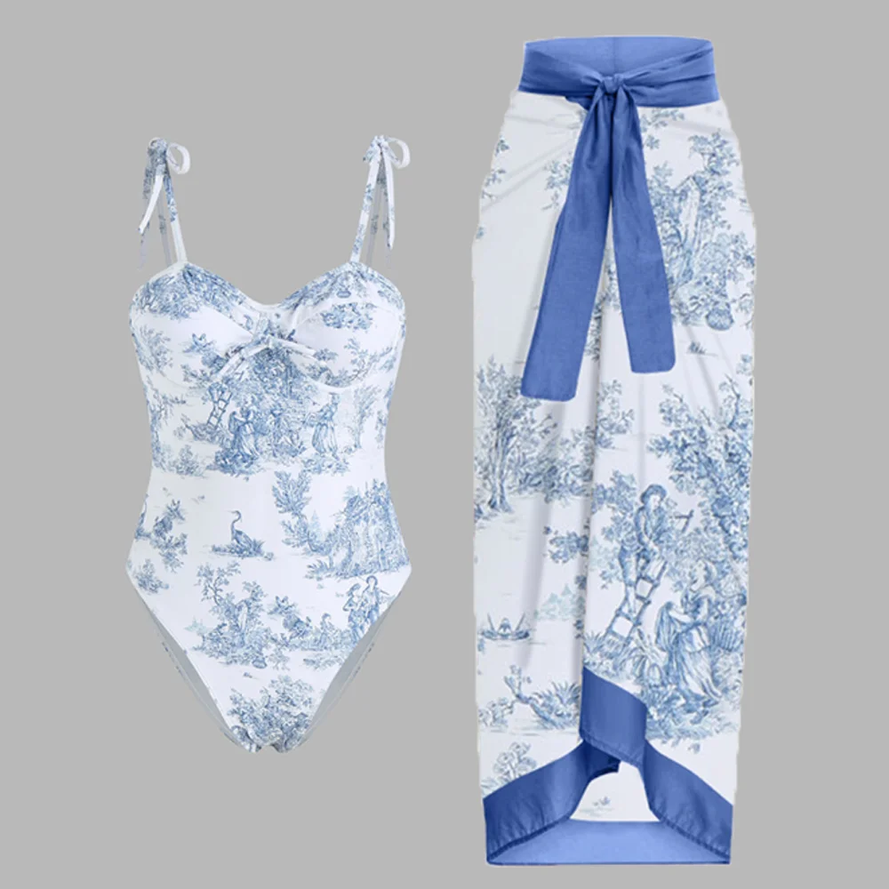 

Женский купальник в стиле ретро с юбкой, праздничное пляжное платье, дизайнерский купальный костюм, летняя одежда для серфинга с синим принтом