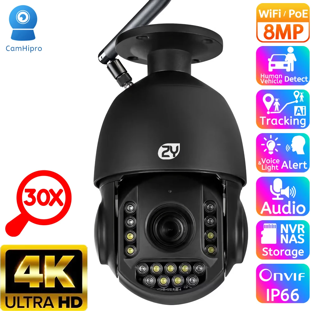 

4K 30X Zoom WiFi PTZ Camera CCTV Outdoor 8MP Auto Tracking PoE Surveillance Cameras Color Night Vision Ceiling Mount Speed Dome
