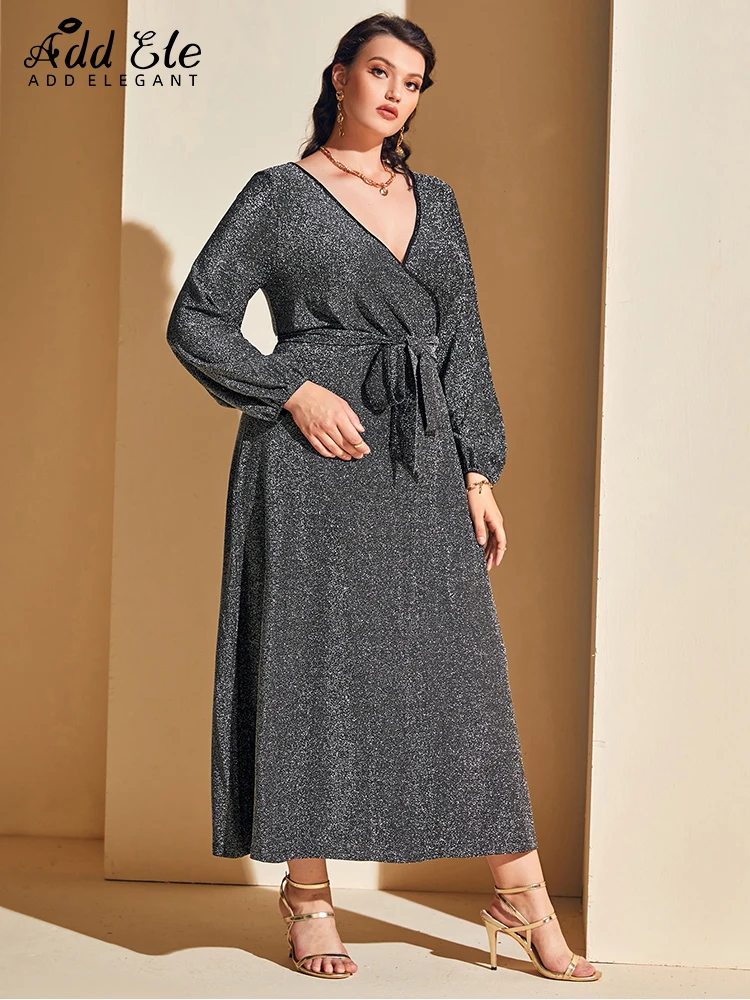 Add Elegant Plus Size 2022 Autumn Dresses for Women Lantern Sleeve V Neck Waist Strap Female Loose Office Lady Midi Dress B514