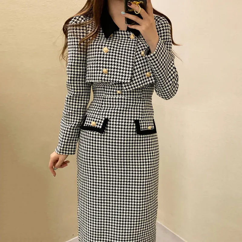 

Clothland Women Houndsooth Midi Dress Suit Sleeveless Square Collar Dresses Short Style Long Sleeve Jacket Two Piece Set TZ671