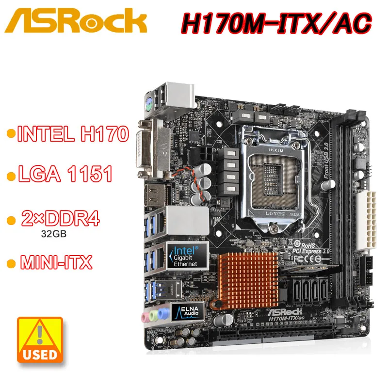 Материнская плата LGA 1151 ASRock H170M-ITX/AC Intel H170 2 × DDR4 32 Гб PCI-E 3,0 USB3.0 Mini-ITX поддержка процессора 6 поколения Core i7/i5/i3