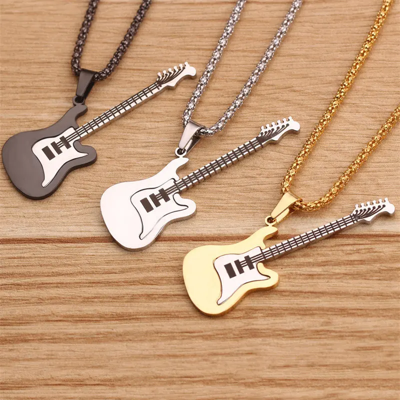 

Fashion Rock Instrument Popcorn Chain Men Jewelry Popularity Hip Hop Tricolor Music Guitar Pendant Female Necklace Holiday Gift