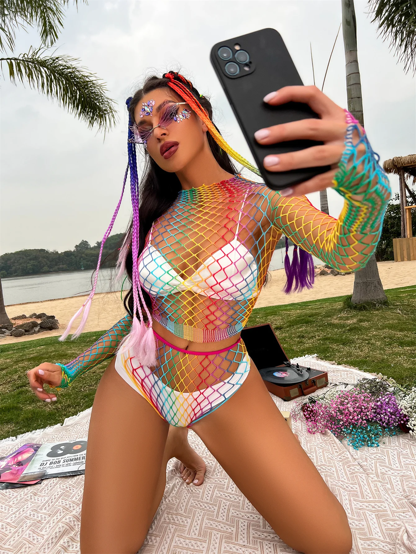 

New Sexy Lingerie Set Fishnet Transparent Lingerie For Women Long Sleeve Bra Panty Set Female Rainbow Erotic Mesh Underwear Set