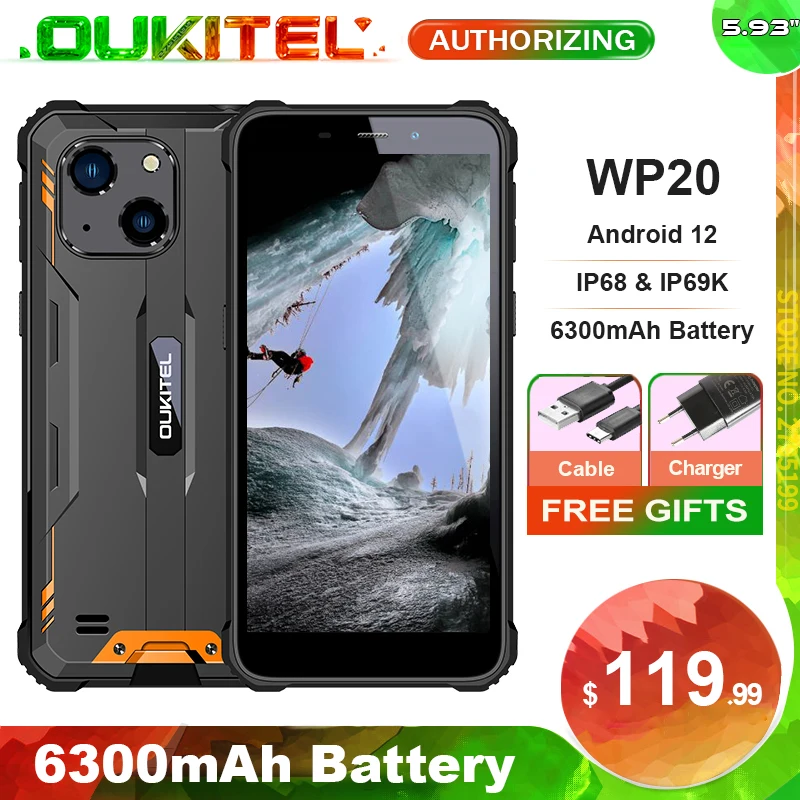 OUKITEL WP20 6300mAh Rugged Phone, IP68 Waterproof Smartphone, 5.93'' HD+ Display 4GB + 32GB 20MP Dual Cameras 4G Cellphone