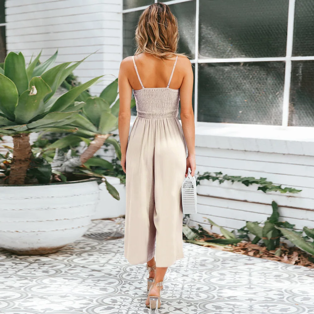 Sexy Suspender Jumpsuit Summer Casual Beach Lazy Wide Leg Straight Mid-Length Pants Suit Ladies