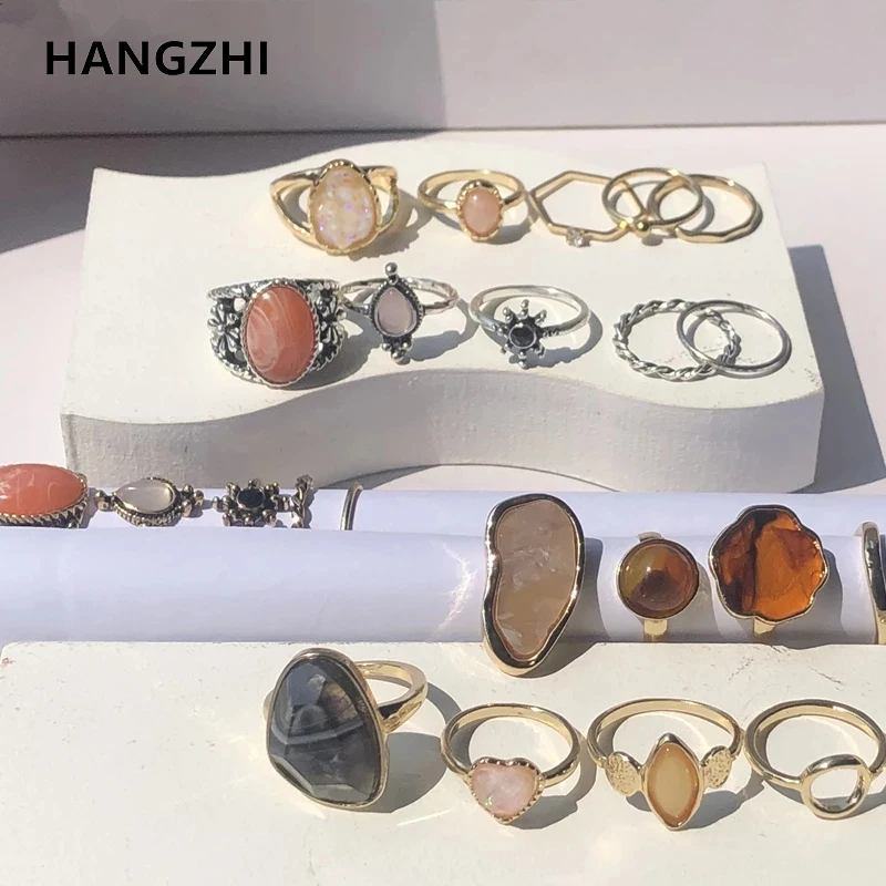 HangZhi 2020 New Vintage Flower Daisy Colorful Stones Crystal Geometric Irregular Heart Rings Set Jewelry for Women