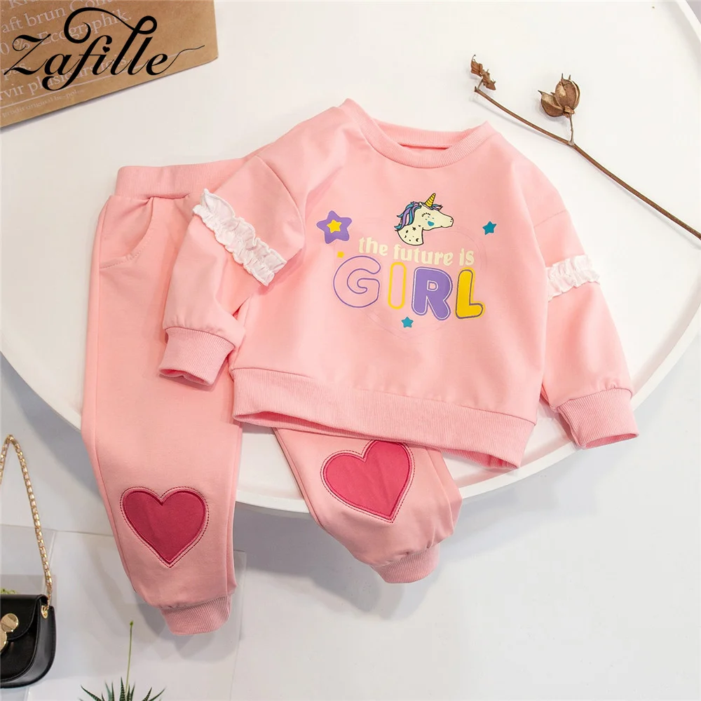 

ZAFILLE прекрасная одежда для девочек комплект с капюшоном с надписью + штаны в форме сердца, Детский костюм на День святого Валентина, милая детская одежда с единорогом