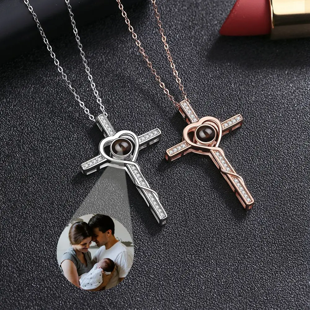Projection Photo Necklace Personalized Custom Photo Necklace for Women Vintage Dainty Choker Cross Heart Pendant Elegant Jewelry