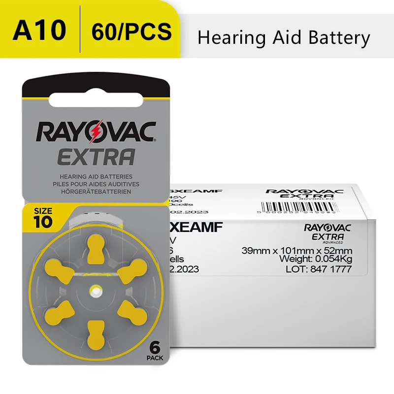 

60PCS / 10 Cards Hearing Aid Batteries RAYOVAC EXTRA Zinc Air Battery For BTE CIC RIC OE Hearing Aids A10 Hearing Aid Battery