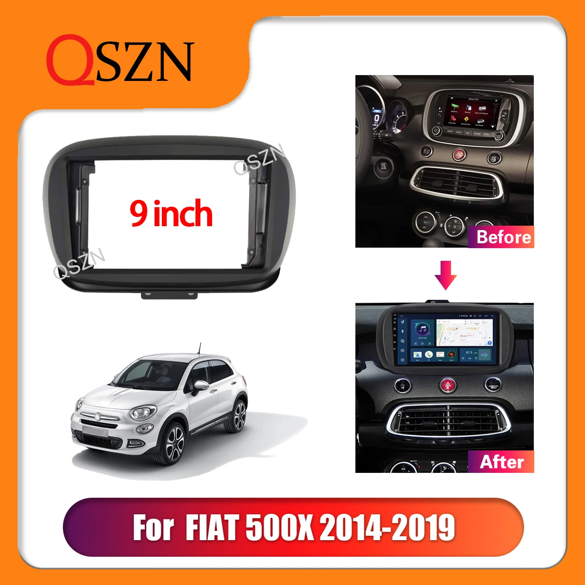 

QSZN 9 inch Car radio Frame Fascia For Fiat 500X 2014-2019 canbus DVD Trim Panel Dashboard Mount Kit 2 Din Installation Stereo