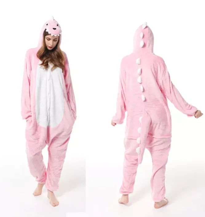 Family Kigurumi Pajamas Pink Dinosaur Animal Onesie Cosplay Costume Pajamas For Kids and Adults With Slippers