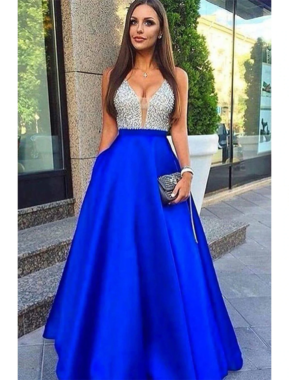 

A-Line Prom Dresses Sparkle & Shine Dress Formal Floor Length Sleeveless V Neck Pocket Stretch Satin V Back with Beading Pocket