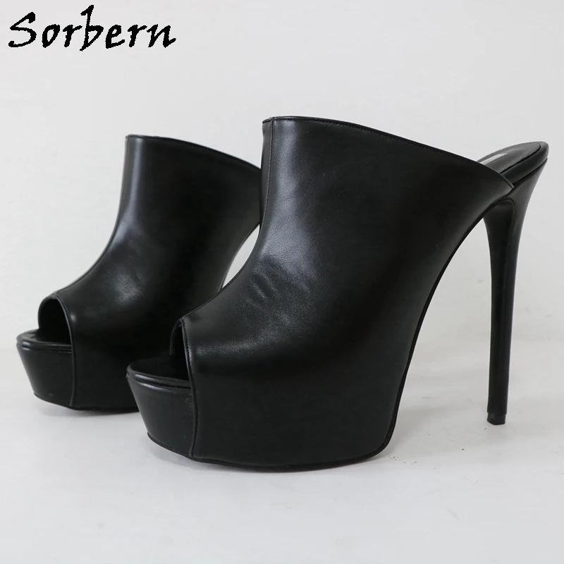 Sorbern Black Matt Women Slipper Open Toe Stilettos High Heel Platform Shoes Slip On Outdoor Unisex Summer Shoe 16Cm Heeled