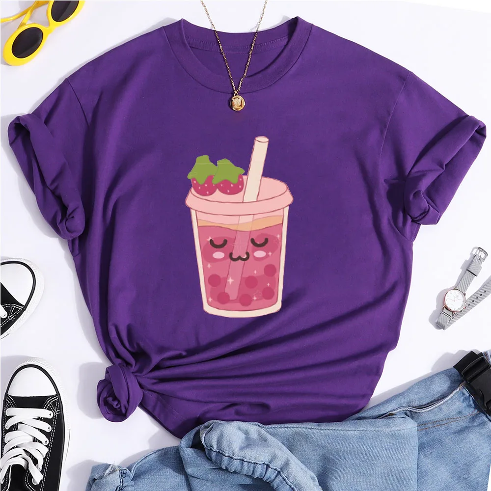

Fruits Milky Tea T-shirts Cute Cartoon Printing Couples Loose Short Sleeve Fashion футболка оверсайз жен Tees Casual Tops S-5XL