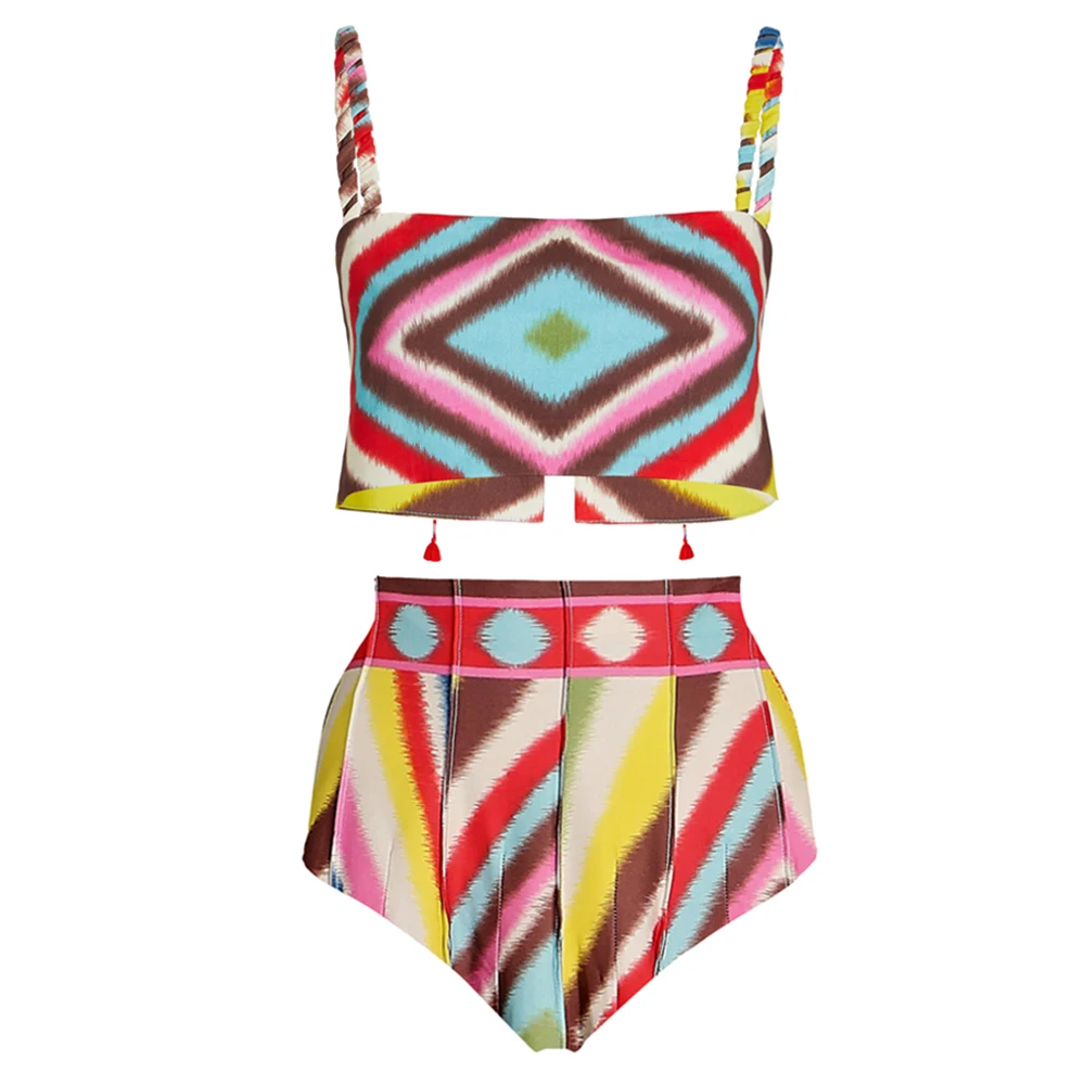 Fashion Colorblock Print Bikini Women Two Piece Swimsuit and Skirt Separate Top High Waist Swimwear Summer Beach Outfits Push Up