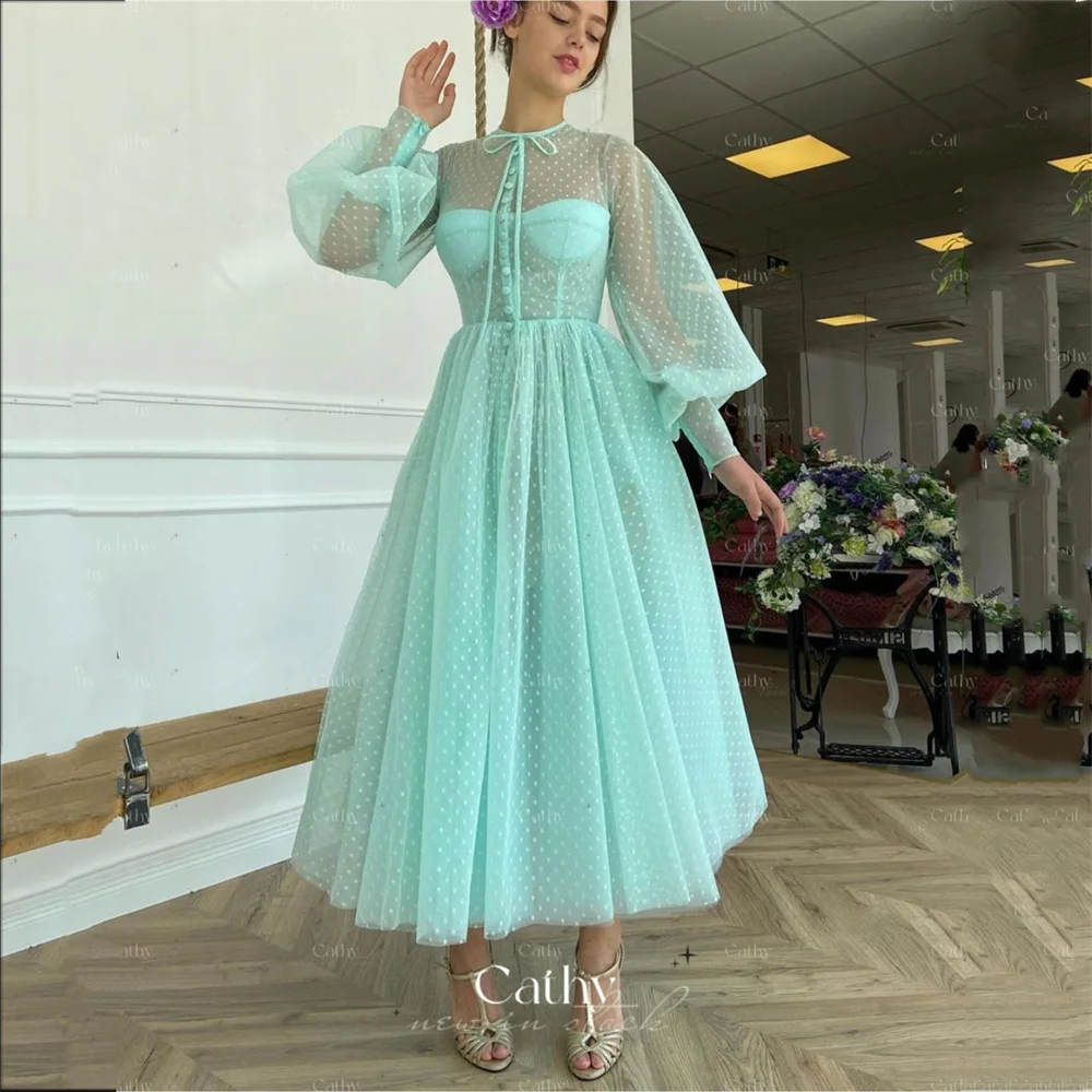 

Cathy Wave Point Knee Prom Dress With Puffy Sleeves Fairy Short Evening Dress Tulle Vestidos De Noche Sweetie Party Dress