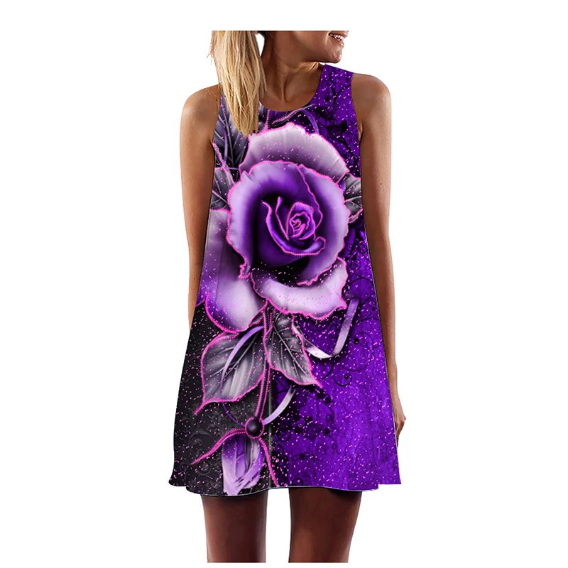 

Sexy Outfits for Women Abstract Pattern Rose Print O-Neck Short Loose Beach Dress Ladies Casual Summer Dress Women 2022 Vestidos