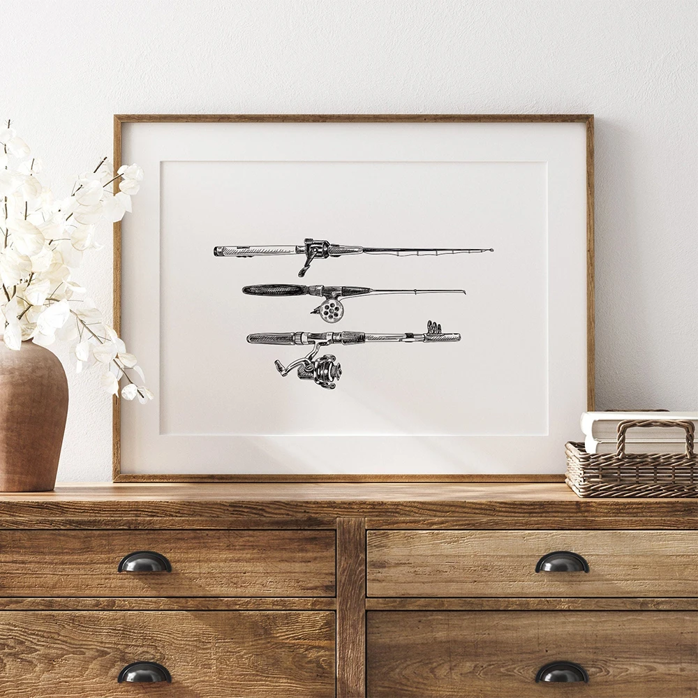 Vintage Fishing Rod Reel Bait  Vintage Poster Black White Fisherman Wall Art Picture Fish Kinds Canvas Painting Prints Man Gifts