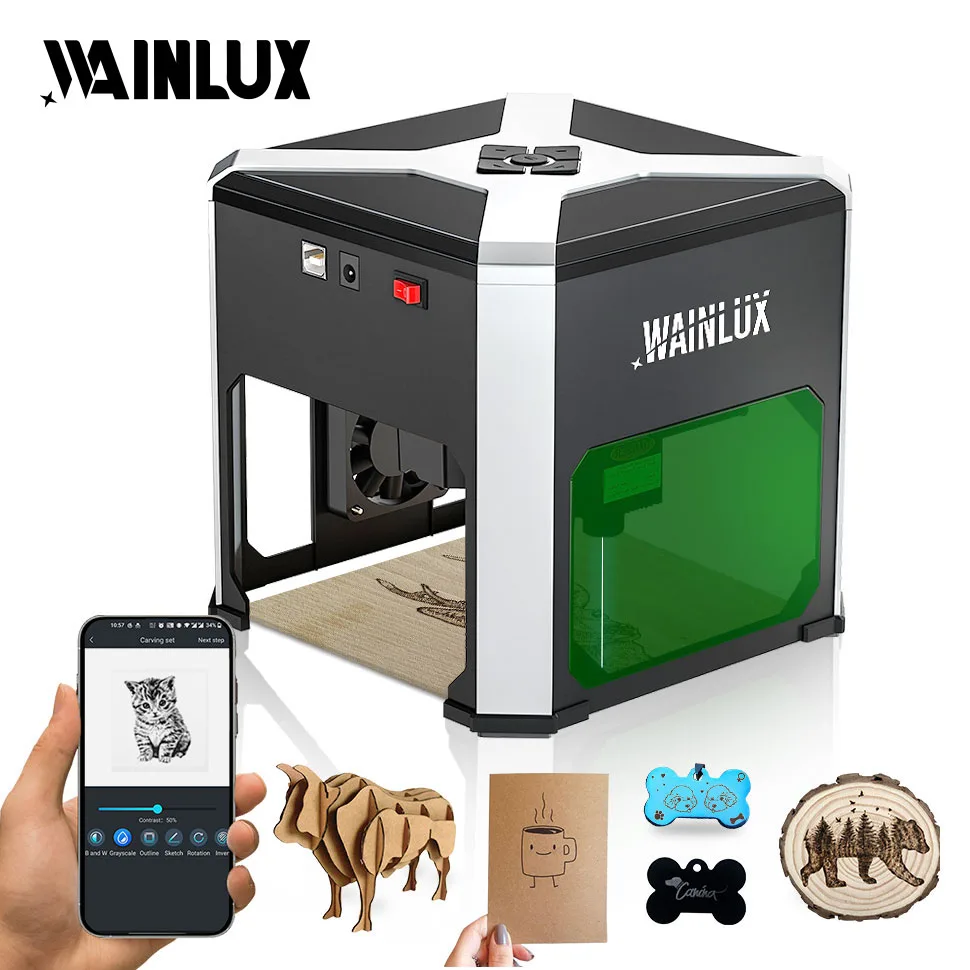 Laser Engraving, Wainlux 3000mW Mini Laser Cutting Machine with 0.05mm Fixed Focus & Portable BT Connection for Wood, Leather, A