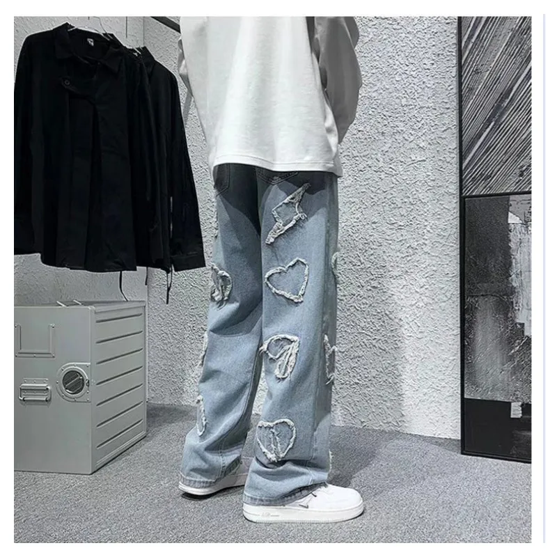 Heart Pattern Jeans Casual Pants 2022 Trends Clothes Straight Hip Hop Men's Printed Man Youth Trendyol Baggy Women's Trousers