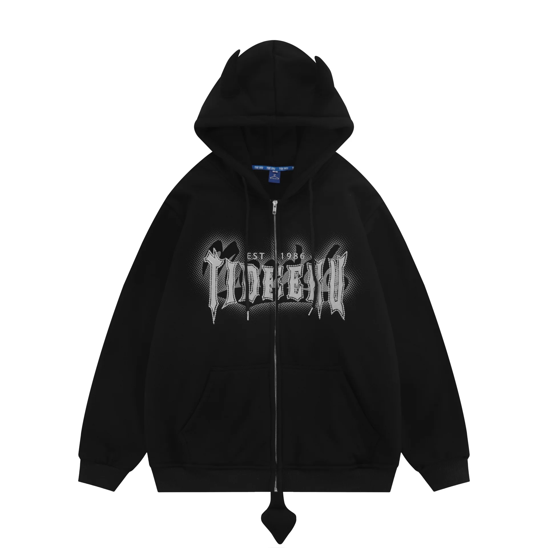 

Trendy Brand Winter Fleece Jacket Men'S Towel Embroidered Hooded Fun Devil Zipper Sweater