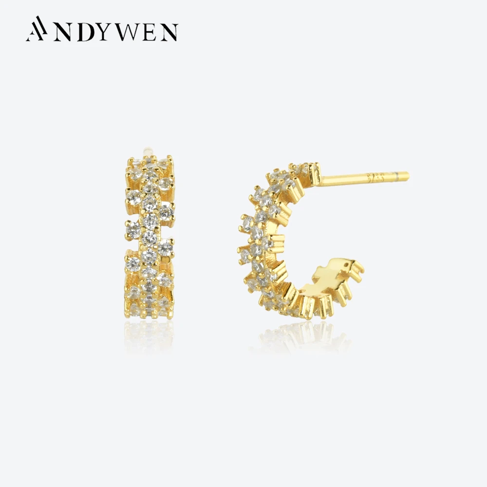 

ANDYWEN 925 Sterling Silver Gold Zircon Pave Huggies Clips Hoops Earring Women Luxury Circle Round Party Rock Party Fine Jewelry