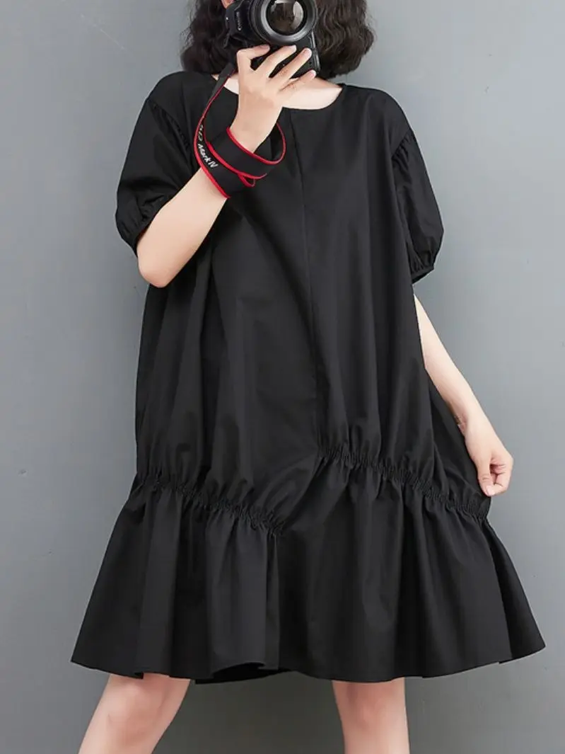 

Summer New Casual Fashion Elegant Pleated Knee-length Women Dresses 2022 Simple Solid Color O-neck Female Puff Sleeve Dress 2022