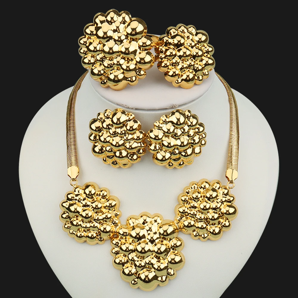 

Dubai Jewellery Set Gold Plated 3 Pendants Necklace and Earrings Weddings Bridal Jewlery Set for Women Engagement Accessories