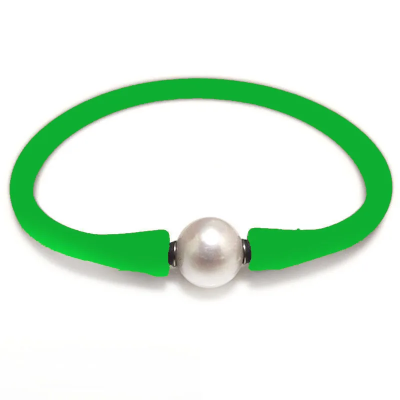 6 inches 10-11mm Natural Round Pearl Kelly Green Rubber Silicone Bracelet