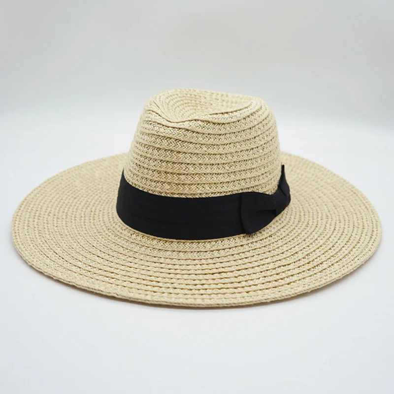 

Women Panama Hat Braid Wide Brim Floppy Straw Hat Summer Sun Beach Hats with Black Bowknot Band Derby Church Funeral Fedoras Hat