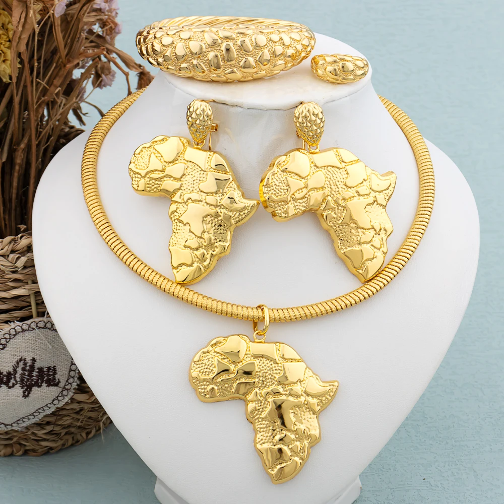 African Gold Color Jewelry Set for Women Large Earrings and Pendant Italian Luxury Necklace Bangle Ring Weddings Jewellery Gift