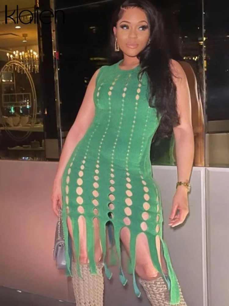 

KLALIEN Sexy Sleeveless Hollow Out Women Dresses Summer Slim Irregular Cut Out Knee-length Dress Party Club Evening Wear Vestido