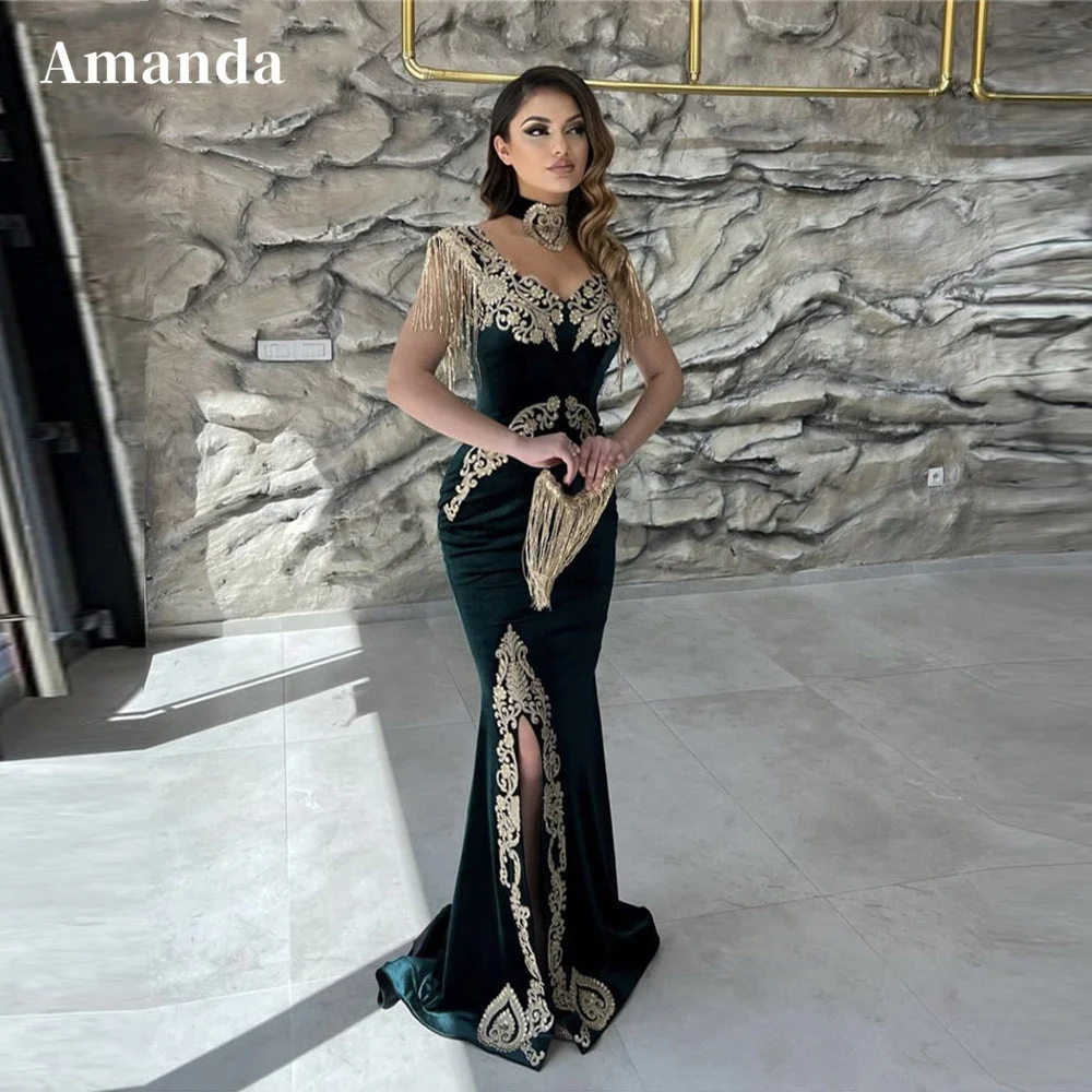 

Amanda Moroccan Caftan Fishtail Evening Dress Appliques Gold Lace Long Sleeve Mermaid Velvet Trumpet Prom Celebrity Gowns