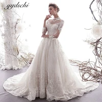 2022 exquisite high neck three quarter sleeves ball gown wedding dress appliques lace up elegant bridal gown for women vestidos