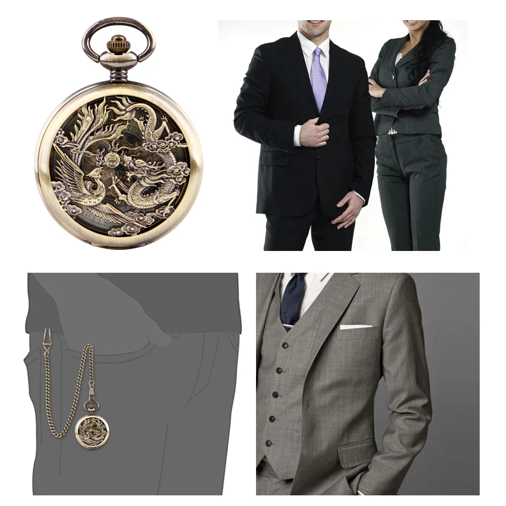Vintage Chinese Style Mechanical Pocket Watch Dragon and Phoenix Chengxiang Pattern Hollow Pendant Men's Women's Necklace