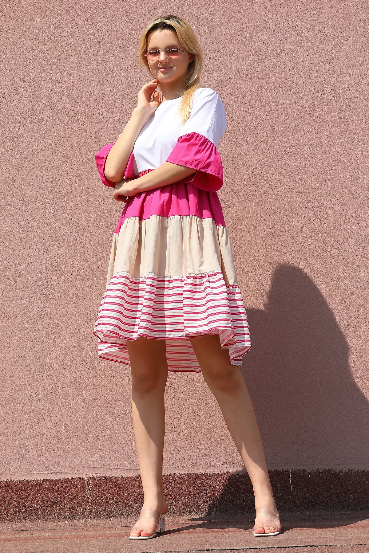 

Women's Crew Neck Skirt Layered Sleeve Flywheel Summer Fuchsia Loose Dress Produced in Turkey.