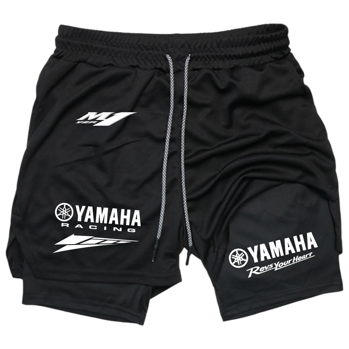 Фото Мужские летние беговые шорты YAMAHA Racing Team 2-в-1, двухслойные, для спортзала, удобные, дышащие, спортивная одежда для активного отдыха №1