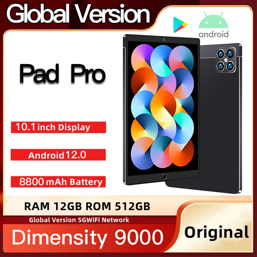 

Global Version Pad Pro Tablet 10.1inch Dimensity 9000 12GB+512GB Tablete PC 120Hz 2.5K LCD Display 5G Wifi Tablet Android 12