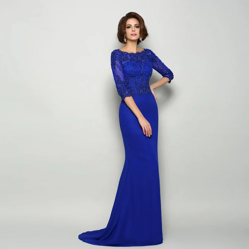 

Royal Blue Mermaid Mother of the Bride Dresses O Neck 3/4 Sleeve Wedding Party Gowns Lace Appliques Bead Floor-Length فستان سهرة