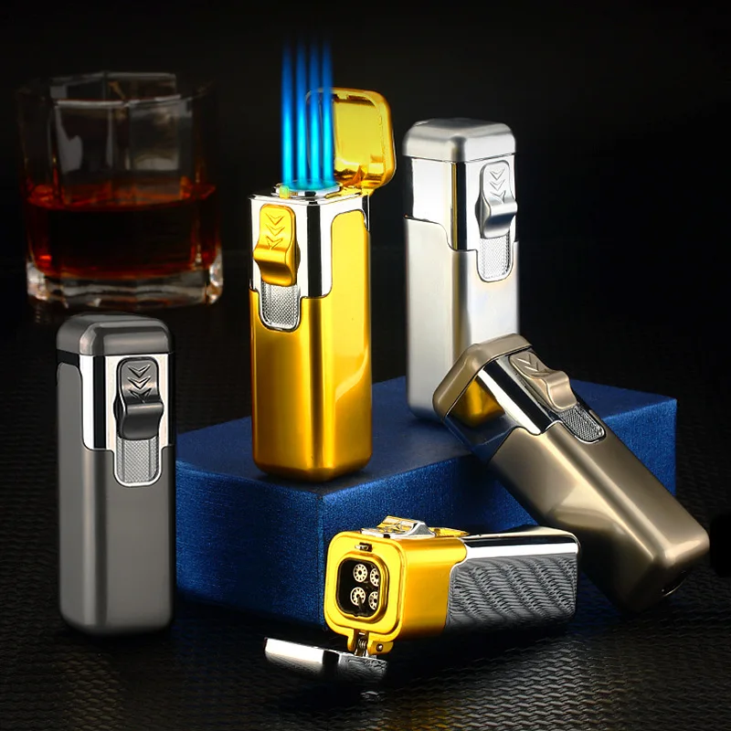 

2022 Hot Selling Metal Windproof Portable Blue Flame Turbo Butane Gas Lighter Quad Jet Torch Cigar Lighter Men's Gifts