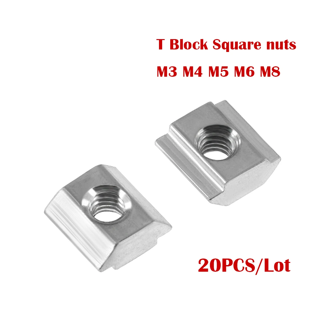 

20pcs M3 M4 M5 M6 M8 T Block Square nuts T-Track Sliding Hammer Nut for Fastener Aluminum Profile 2020 3030 4040 4545